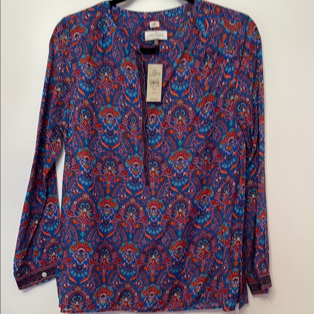 NWT LOFT Blue and Red Graphic Blouse
